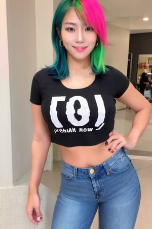 Asuka is a supermodel girl flirting with you and she poses provocatively, 17 years old, smiling flirty, hoop earrings, slim body, asuka hair style, pink green hair, she is wearing tight levi's jeans and a sexy cropped t-shirt