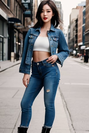 Bad and rebel girl having a good time in a photoshoot model for levi's, slim body, she is wearing a rebel and bad girl outfit with tight jeans and a cropped denim jacket to her waist, high heel boots