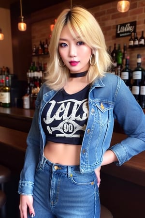 supermodel asian girl, 29 years old, beautiful detailed eyes, make-up, dark lips, posing sexy, full body shot in a bar drinking a whisky, asuka hairstyle blonde hair, loose 80s levis jeans type, jack daniels t-shirt resemble, fitted levi's denim jacket type in very strong acid wash blue color, large hoop earrings