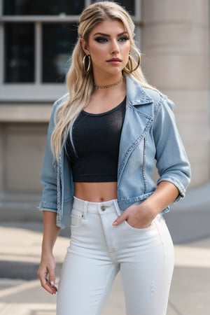 American fashion influencer resembling Alexa Bliss in her 15s standing candidly, natural pose, white t-shirt, 80s jeans style, 80s acid wash light blue denim jacket, captured from the front, raw style, fashion lips, blonde hair, 80s hairstyle, black eyeshadows, large hoop earrings, Sony A7III, aspect ratio 1:2, hyperreal, photorealistic quality, dramatic backlighting, soft shadows, depth of field, ultra clear, UHD drawing