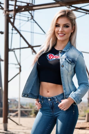 Bad and rebel girl having a good time in a photoshoot model for levi's, slim body, she is wearing a rebel and bad girl outfit with tight jeans and a cropped denim jacket to her waist