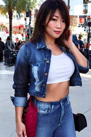 Asuka, she is wearing jeans, cropped denim jacket and a sexy t-shirt