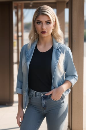 Alexa Bliss is a hot american fashion influencer standing so sexy, sexy pose, white t-shirt, 80s acid wash levis jeans, 80s acid wash light blue levis denim jacket, raw style, dark lips, blonde hair, black eyeshadows, large hoop earrings, Sony A7III, aspect ratio 1:2, hyperreal, photorealistic quality, dramatic backlighting, soft shadows, depth of field, ultra clear, UHD drawing