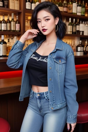 supermodel asian girl, 19 years old, beautiful detailed eyes, t, make-up, dark lips, posing sexy, full body shot in a bar drinking a whisky, 80s hairstyle, loose 80s levis jeans type, jack daniels t-shirt resemble, 80s levi's denim jacket type in very strong acid wash blue color, large hoop earrings