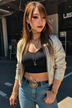 Japanese levi's girl 36 years old standing candidly, flirty pose, she is wearing levi's clothes, levi's ex-boyfriend jacket, hot latina t-shirt type, hot latina girl outfit, jewel bracelerts, waist chain, fashion outfit, raw style, punk like make up, large hoop earrings, long hair, kairi sane hairstyle, blonde hair, Sony A7III, aspect ratio 1:2, hyperreal, photorealistic quality, dramatic backlighting, soft shadows, depth of field, ultra clear, UHD drawing