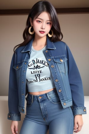 supermodel asian girl, 19 years old, beautiful detailed eyes, t, make-up, dark lips, posing sexy, 80s hairstyle, loose 80s levis jeans type, jack daniels t-shirt resemble, 80s levi's denim jacket type in very strong acid wash blue color, large hoop earrings