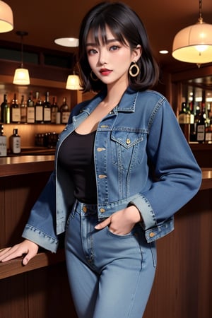 supermodel asian girl, 19 years old, beautiful detailed eyes, t, make-up, dark lips, posing sexy, full body shot in a bar drinking a whisky, 80s hairstyle, loose 80s levis jeans type, jack daniels t-shirt resemble, 80s levi's denim jacket type in very strong acid wash blue color, large hoop earrings