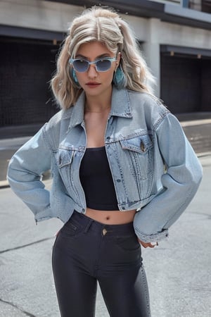 American woman 30 years old resembling Alexa Bliss, she is wearing levis jeans (short, tight, light blue color) and a ex-boyfriend levis denim jacket (light blue color), beautiful long hair, alexa bliss face, alexa bliss hairstyle, harley quinn makeup, posing, daylight, full body image, large hoop earrings, photoshoot