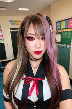 High school japanese bad girl, hot makeup, sexy high school uniform, red lips, cute style, blonde haircolor, kairi sane face, kairi sane hairstyle, she is posing sexy in her classroom,kairisane