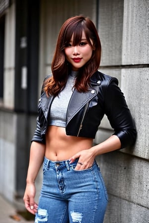 sexy asian girl, beautiful detailed eyes, tight jeans, tight cropped small denim jacket, sexy girl make-up, dark lips, kairi sane is smoking cigarettes, realistic, punk girl hair color,kairisane