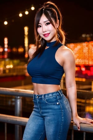 Japanese hot girl 36 years old standing candidly in a night club during a romantic date, flirty pose because she's in love with you, japanese slender body girl, hot latina baddie girl outfit, tight jeans acid wash blue color 80s style, jewel bracelerts, raw style, fashion make up, crop sexy top, large latina hoop earrings, kairi sane ponytail hairstyle, blonde hair, hot smile, captured from the front, Sony A7III, aspect ratio 1:2, hyperreal, photorealistic quality, dramatic backlighting, soft shadows, depth of field, ultra clear, UHD drawing