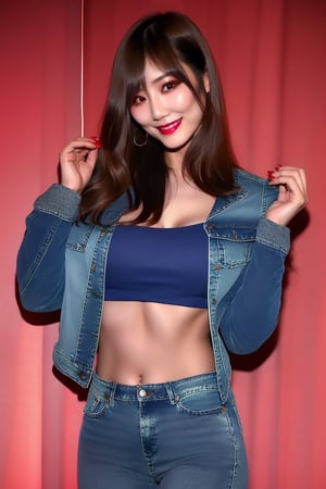 Japanese gravure woman, 30 years old, wearing cropped light blue denim jacket and tight light blue jeans, shiny brown long hair with fringe, very detailed make-up, flirty lips and smile, posing sexy in a photoshoot in a red-light district, night, beautiful body, beautiful face,kairisane