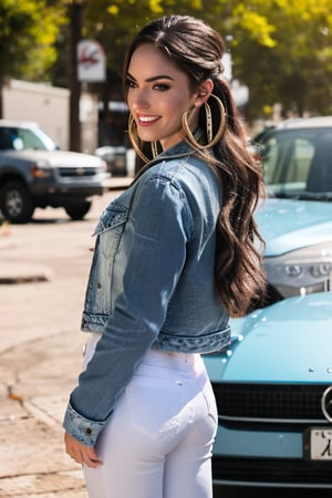 American fashion influencer resembling a hybrid of Megan Fox and Alexa Bliss in her 22s standing candidly outside, sexy pose, white t-shirt, tight levis jeans acid wash color, levis acid wash light blue denim jacket, captured from the back raw style, fashion lips, hybrid hairstyle, black eyeshadows, large hoop earrings, flirty smile, Sony A7III, aspect ratio 1:2, hyperreal, photorealistic quality, dramatic backlighting, soft shadows, depth of field, ultra clear, UHD drawing