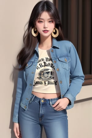 supermodel asian girl, 19 years old, beautiful detailed eyes, t, make-up, dark lips, posing sexy, 80s hairstyle, loose 80s levis jeans type, jack daniels t-shirt resemble, 80s levi's denim jacket type in very strong acid wash blue color, large hoop earrings