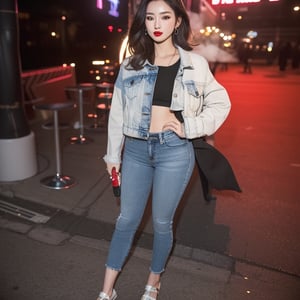 asian girl, beautiful detailed eyes, tight jeans, cropped denim jacket, make-up, red lips, posing sexy in a night club and smoking a cigarette, realistic