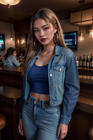 supermodel asian girl, 19 years old, beautiful detailed eyes, t, make-up, dark lips, posing sexy, full body shot in a bar drinking a whisky, straight blonde hair, 80s hairstyle, loose 80s levis jeans type, jack daniels t-shirt resemble, 80s levi's denim jacket type in very strong acid wash blue color, large hoop earrings