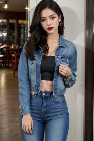 beautiful face, hot red lips, hot make-up, wearing cropped denim jacket and tight levis jeans in light blue color,blackbootsnjeans
