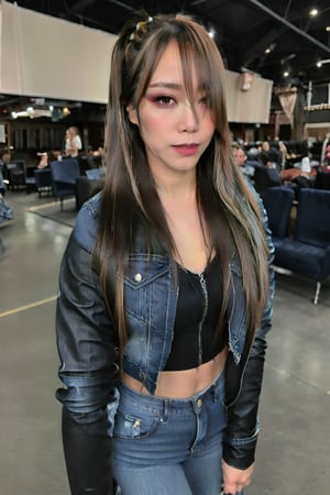 beautiful detailed eyes, tight jeans, cropped denim jacket, kairi sane hairstyle, kairi sane face,kairisane,blackbootsnjeans