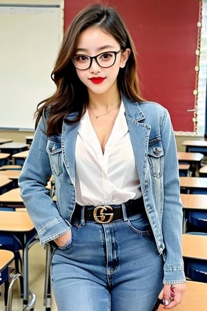 High school teacher girl, sexy denim jacket, jeans, gucci belt, formal makeup, formal attire, red lips, cute style, she is wearing glasses, formal hairstyle, she is posing sexy inside her classroom,JeeSoo ,bzsohee,blackbootsnjeans