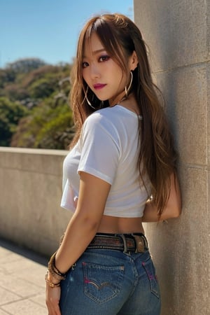 Japanese hot girl 36 years old standing candidly, flirty pose, she is wearing levi's clothes, hot latina t-shirt type, hot latina girl outfit, jewel bracelerts, waist chain, fashion outfit, raw style, punk like make up, large hoop earrings, long hair, kairi sane hairstyle, blonde hair, Sony A7III, aspect ratio 1:2, hyperreal, photorealistic quality, dramatic backlighting, soft shadows, depth of field, ultra clear, UHD drawing