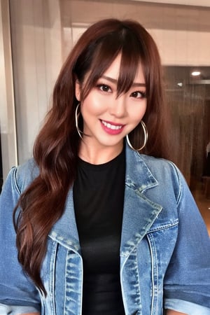 Kairi Sane is a high school girl flirting with long hair, smiling flirty, hoop earrings, slim body, she is wearing her high school uniform and a denim jacket,kairisane