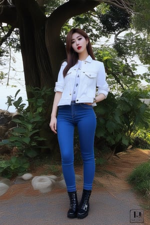 Japanese onlyfans model woman, 19 years old, dark lips, onlyfans model girl hairstyle, typical fashion model woman outfit, hoop earrings, tight denim jacket, punk girl makeup, full body shot, slim girl, sexy body, long nails,sexy jeans,sexy asian