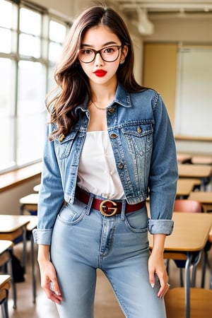 Sexy high school teacher girl, 25 years old, sexy denim jacket, jeans, gucci belt, formal makeup, formal attire, red lips, cute style, she is wearing glasses, formal hairstyle, she is posing sexy inside her classroom