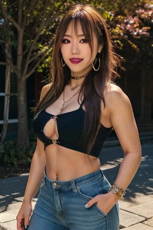 Japanese hot girl 36 years old standing candidly, flirty pose, she is wearing levi's clothes, hot latina baddie girl outfit, jewel bracelerts, waist chain, fashion outfit, raw style, punk like make up, large latina hoop earrings, kairi sane latina hairstyle, blonde hair, hot smile, Sony A7III, aspect ratio 1:2, hyperreal, photorealistic quality, dramatic backlighting, soft shadows, depth of field, ultra clear, UHD drawing