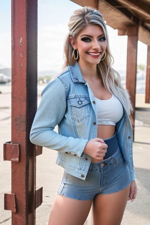 American woman 19 years old resembling Alexa Bliss, she is wearing levis jeans (short, tight, acid wash light blue color) and a ex-boyfriend levis denim jacket (acid wash blue color), alexa bliss face, alexa bliss hairstyle, punk girl makeup with red lipstick, beautiful smile, posing, daylight, full body image, large hoop earrings, photoshoot