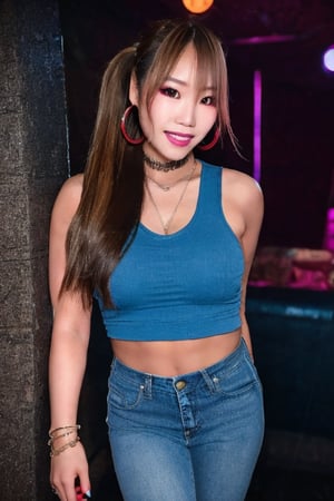 Japanese hot girl 36 years old standing candidly in a night club during a romantic date, flirty pose because she's in love with you, japanese slender body girl, hot latina baddie girl outfit, tight jeans acid wash blue color 80s style, jewel bracelerts, raw style, fashion make up, very sexy crop top, large latina hoop earrings, kairi sane ponytail hairstyle, blonde hair, hot smile, Sony A7III, aspect ratio 1:2, hyperreal, photorealistic quality, dramatic backlighting, soft shadows, depth of field, ultra clear, UHD drawing