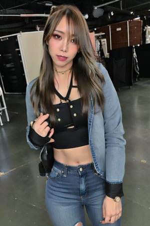 beautiful detailed eyes, tight jeans, cropped denim jacket, kairi sane hairstyle, kairi sane face,kairisane,blackbootsnjeans