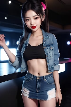 Japanese rebel girl singer, 38 years old, smile, dark lips, rebel outfit, punk girl hairstyle, she is dancing in a party at a night club, cropped small denim jacket, tight ripped mini denim skirt, punk girl makeup, full body shot, slim girl,1girl,sssggg