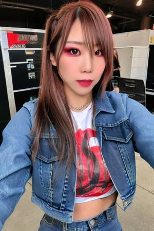 Kairi Sane, she is wearing jeans, cropped denim jacket and a sexy t-shirt, beautiful detailed eyes