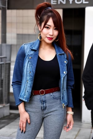 Kairi Sane is a japanese college student, she is wearing a rebel attire, skinny_jeans, denim_jacket, small heel boots, black lips, fashion belt, hoop earrings, her hair has a ponytail,kairisane