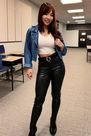 Kairi Sane is a japanese teacher teaching her class at a university, she is wearing a formal attire with jeans and a cropped denim jacket, small heel boots, black lips, fashion belt,kairisane