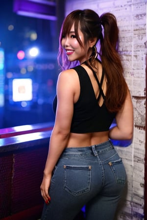 Japanese hot girl 36 years old standing candidly in a night club during a romantic date, flirty pose because she's in love with you, japanese slender body girl, hot latina baddie girl outfit, tight jeans acid wash blue color 80s style, jewel bracelerts, raw style, fashion make up, crop sexy top, large latina hoop earrings, kairi sane ponytail hairstyle, blonde hair, hot smile, captured from the back, Sony A7III, aspect ratio 1:2, hyperreal, photorealistic quality, dramatic backlighting, soft shadows, depth of field, ultra clear, UHD drawing