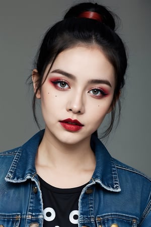 beautiful detailed eyes, harley quinn makeup, black eyeshadows, tight jeans, cropped denim jacket, punk girl hairstyle, make-up