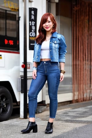 Kairi Sane as a high school girl wearing jeans and small cropped denim jacket