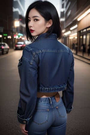 Japanese fashion influencer in her 20s standing candidly, natural pose, fitted jeans, cropped fitted denim jacket, captured from the back, raw style, black goth lips style, black eyeshadows, Sony A7III, aspect ratio 1:2, hyperreal, photorealistic quality, dramatic backlighting, soft shadows, depth of field, ultra clear, UHD drawing