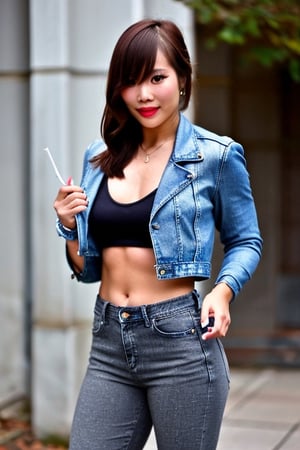 sexy asian girl, beautiful detailed eyes, tight jeans, tight cropped small denim jacket, sexy girl make-up, dark lips, kairi sane is smoking cigarettes, realistic, punk girl hair color,kairisane