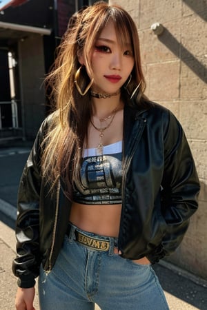 Japanese levi's girl 36 years old standing candidly, flirty pose, she is wearing levi's clothes, levi's ex-boyfriend jacket, t-shirt with the word "sexy" on it, jewel bracelerts, waist chain, fashion outfit, raw style, punk like make up, large hoop earrings, long hair, kairi sane hairstyle, blonde hair, Sony A7III, aspect ratio 1:2, hyperreal, photorealistic quality, dramatic backlighting, soft shadows, depth of field, ultra clear, UHD drawing