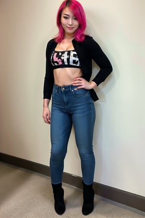 hot japanese girl, 19 years old, tight jeans, cropped denim jacket, asuka make-up, asyuka face, asuka hairstyle, pink blue hair color, smiling, posing sexy and smoking a cigarette, realistic, full body shot,blackbootsnjeans,hot girl