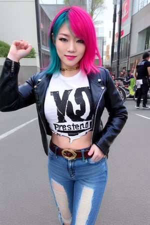 hot japanese girl, she is a repeat offender criminal, 39 years old, torn jeans, biker jacket and Ramones t-shirt, punk fashion belt, asuka make-up, asuka face, asuka hairstyle, blue pink hair color, smiling flirty and provocatively, posing defiant, realistic, full body shot,hot girl