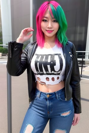 hot japanese girl, she is a repeat offender criminal, 39 years old, torn jeans, biker jacket and Ramones t-shirt outfit, asuka make-up, asuka face, asuka hairstyle, green pink hair color, smiling flirty and provocatively, posing defiant, realistic, full body shot,hot girl