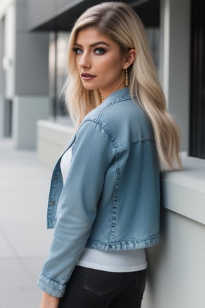 Alexa Bliss is an american fashion influencer standing so sexy, sexy pose, white t-shirt, 80s acid wash levis jeans, 80s acid wash light blue levis denim jacket, captured from the back, raw style, dark lips, blonde hair, black eyeshadows, large hoop earrings, Sony A7III, aspect ratio 1:2, hyperreal, photorealistic quality, dramatic backlighting, soft shadows, depth of field, ultra clear, UHD drawing