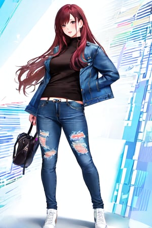 Anime girl with long hair wearing a denim jacket and jeans generative ai,kairisane