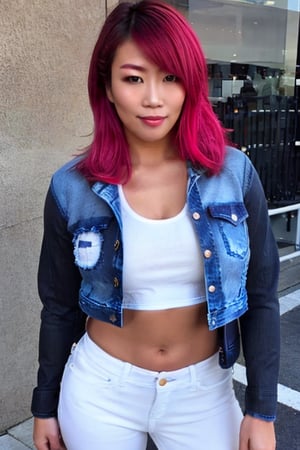 Asuka, she is wearing jeans, cropped denim jacket and a sexy t-shirt