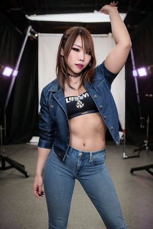 Kairi Sane is a hot rebel and bad girl posing sexy in a Levi's photoshoot studio looking naughty at the camera, she is wearing Levi's jeans, Levi's denim jacket and a sexy Levi's t-shirt