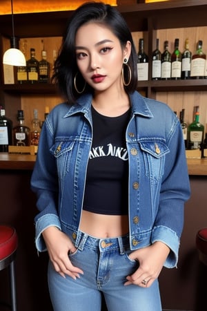 supermodel asian girl, 19 years old, beautiful detailed eyes, t, make-up, dark lips, posing sexy, full body shot in a bar drinking a whisky, 80s hairstyle, loose 80s levis jeans type, jack daniels t-shirt resemble, 80s levi's denim jacket type in very strong acid wash blue color, large hoop earrings