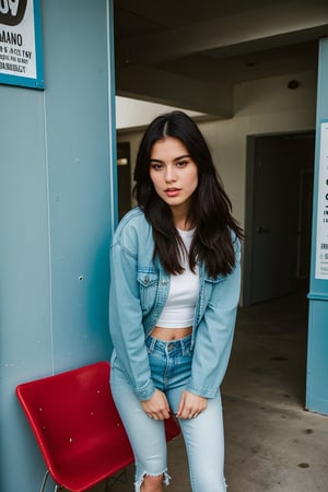 long hair with ponytail and fringe, beautiful face, onlyfans model, hot lips, black eyeshadow, wearing cropped denim jacket and tight levis jeans in light blue color,blackbootsnjeans, white girl